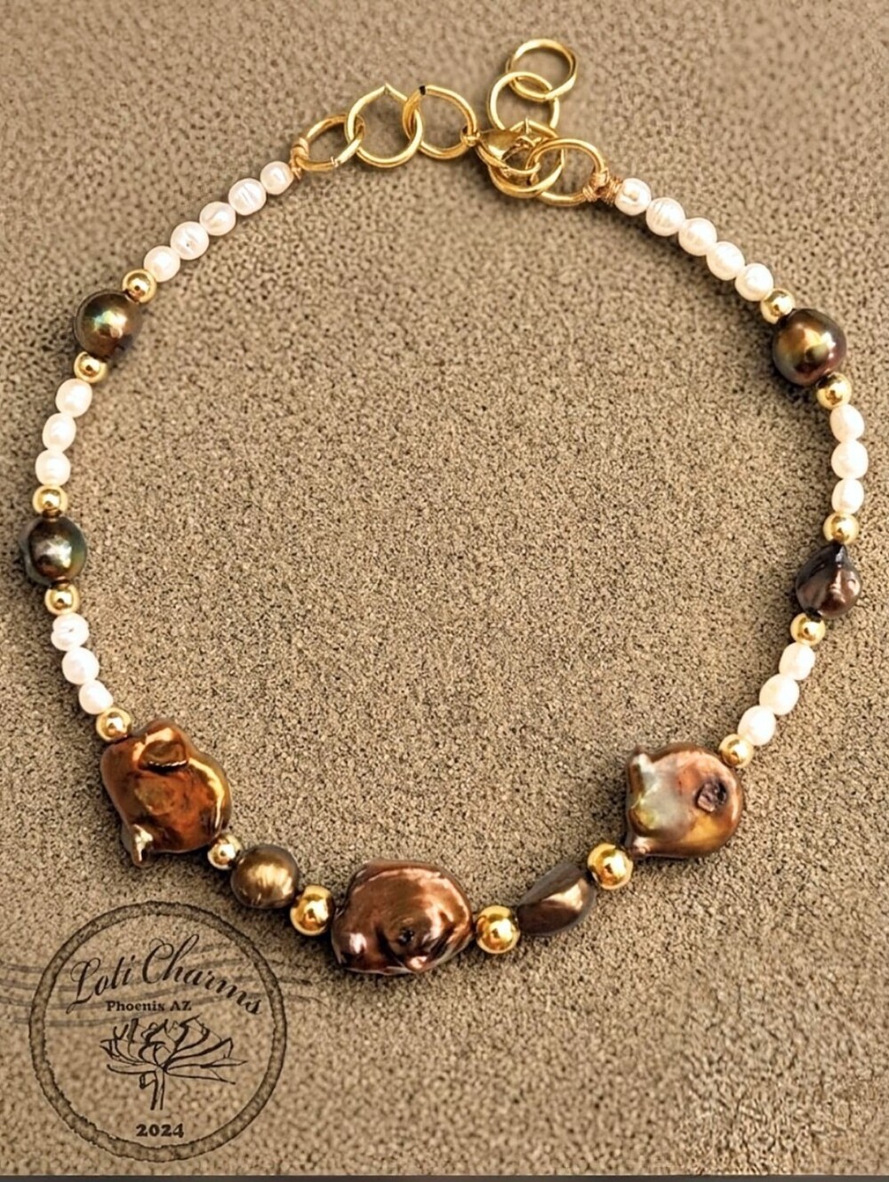 Bronze Copper And White Freshwater Baroque Pearl Necklace